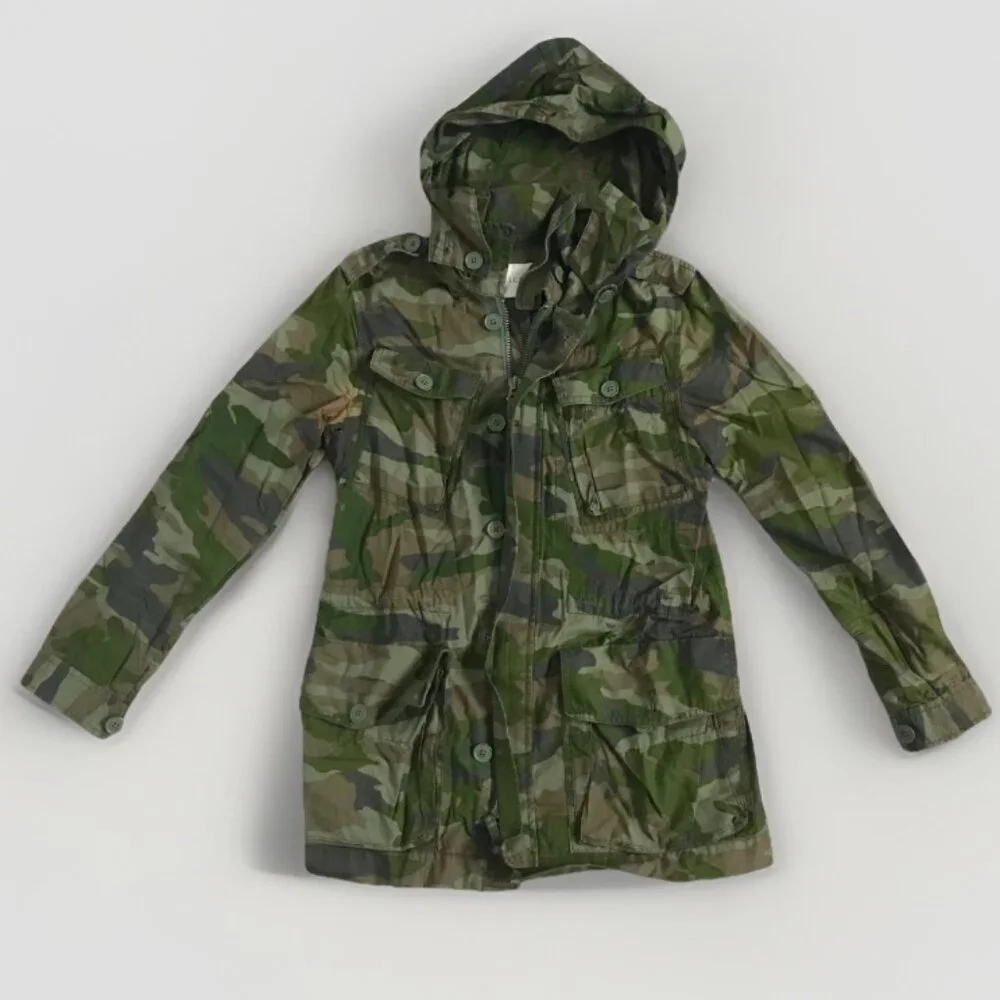 J CREW CAMO GREEN  PARKA JACKET GREEN HOODED ZIP BUTTON WOMENS XS